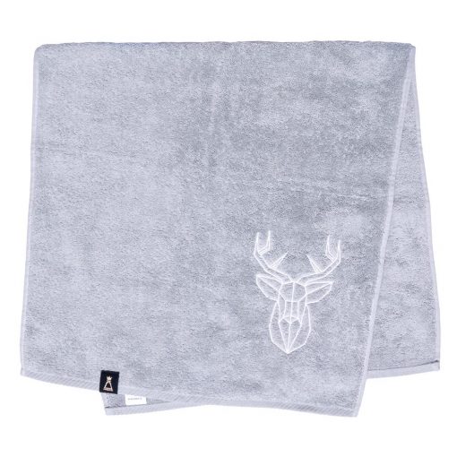 Bawełniany jasnoszary ręcznik z haftowanym białym jeleniem