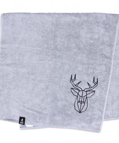 Bawełniany jasnoszary ręcznik z haftowanym czarnym jeleniem