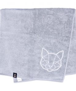 Bawełniany jasnoszary ręcznik z haftowanym białym kotem
