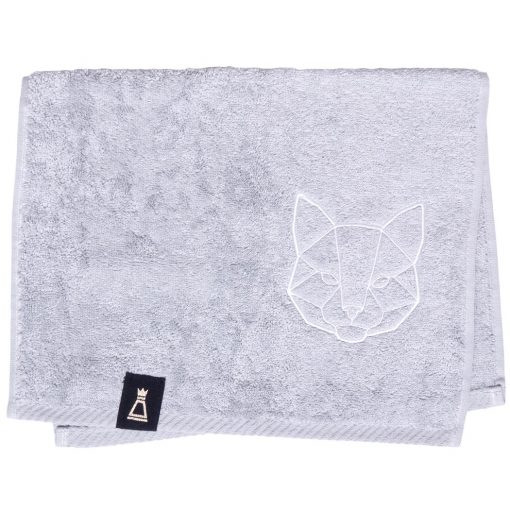 Bawełniany mały jasnoszary ręcznik z haftowanym białym kotem