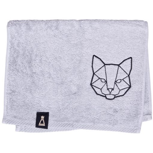 Bawełniany mały jasnoszary ręcznik z haftowanym czarnym wilkiem