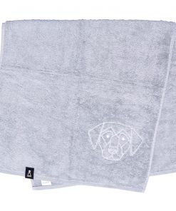Bawełniany jasnoszary ręcznik z haftowanym białym psem
