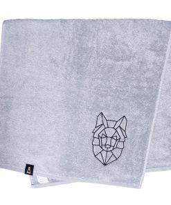 Bawełniany jasnoszary ręcznik z haftowanym czarnym wilkiem