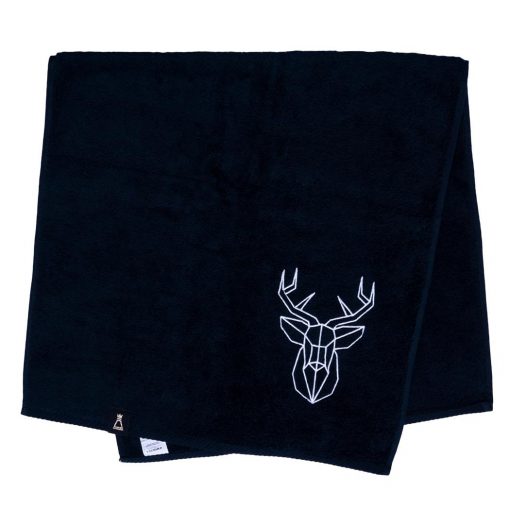 Bawełniany czarny ręcznik z haftowanym białym jeleniem