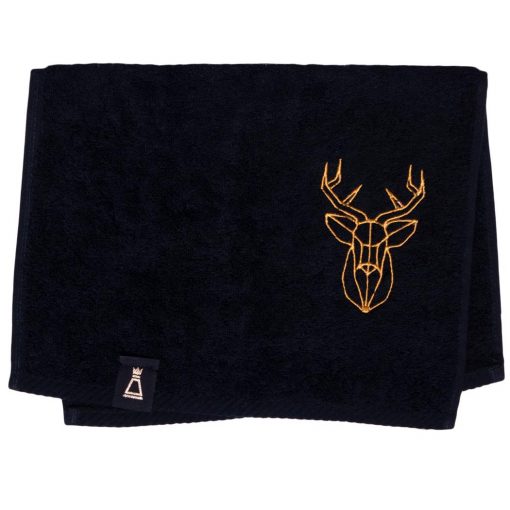 Bawełniany mały czarny ręcznik z haftowanym złotym jeleniem