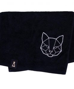 Bawełniany mały czarny ręcznik z haftowanym białym kotem
