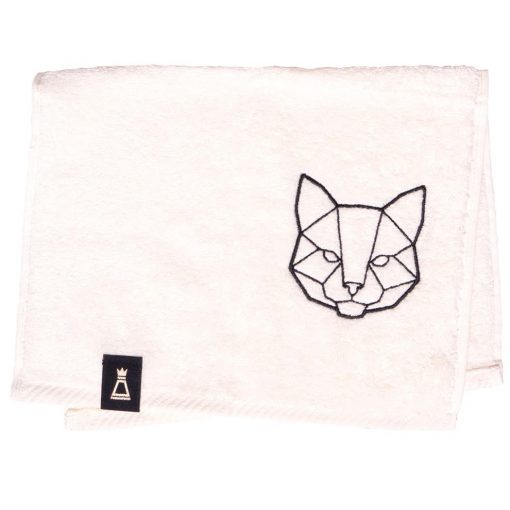 Bawełniany mały ecru ręcznik z haftowanym czarnym kotem