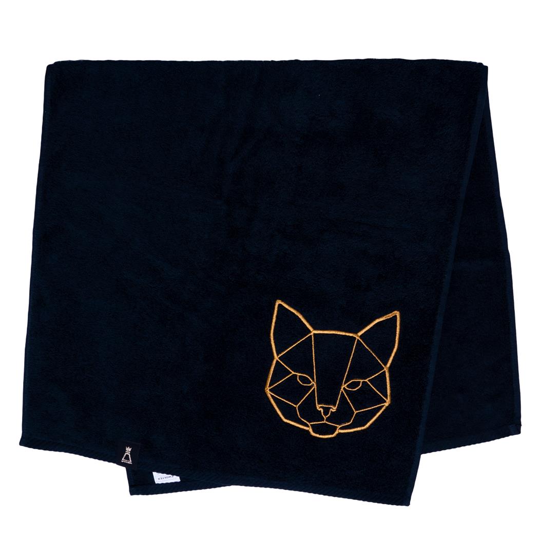 Bawełniany czarny ręcznik z haftowanym złotym kotem