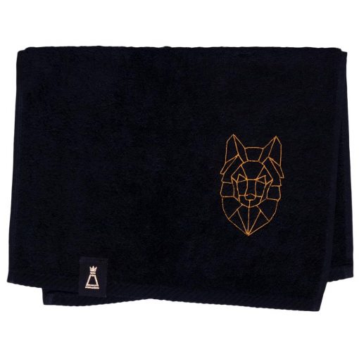 Bawełniany mały czarny ręcznik z haftowanym złotym wilkiem