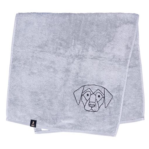 Bawełniany jasnoszary ręcznik z haftowanym czarnym psem