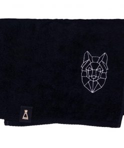 Bawełniany mały czarny ręcznik z haftowanym białym wilkiem