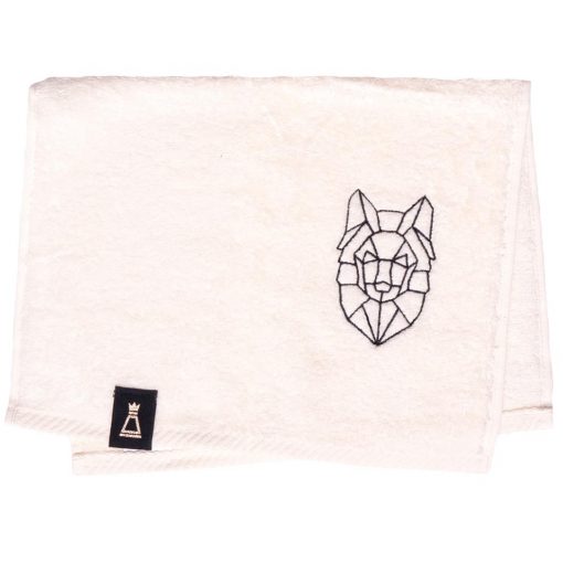 Bawełniany mały ecru ręcznik z haftowanym czarnym wilkiem