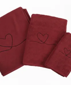 Zestaw trzech bordo ciemno czerwonych ręczników z haftem czarne #serce „One line” (w trzech rozmiarach)